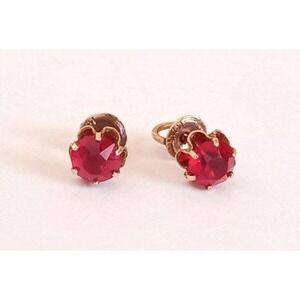 Vintage PS Co. Solid 10k Yellow Gold Earrings Ruby Red Glass Thread Stud Post